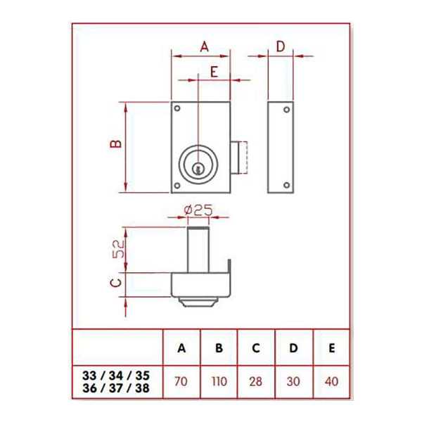 Cerradura, Sobreponer, Modelo 33-7D, Solo Llave, Caja 70 mm, Cilindro 52 mm, Mano Derecha JIS