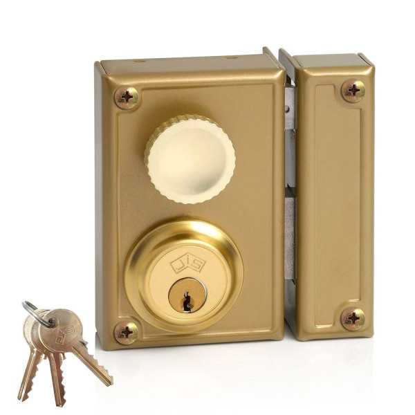 Cerradura, Sobreponer, Modelo 34-7D, Golpe y Llave, con Pomo, Caja 70 mm, Cilindro 52 mm, Mano Derecha JIS