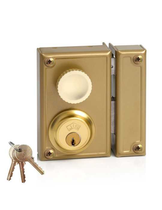 Cerradura, Sobreponer, Modelo 34-7D, Golpe y Llave, con Pomo, Caja 70 mm, Cilindro 52 mm, Mano Derecha JIS