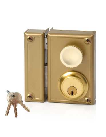 Cerradura, Sobreponer, Modelo 34-7I, Golpe y Llave, con Pomo, Caja 70 mm, Cilindro 52 mm, Mano Izquierda JIS