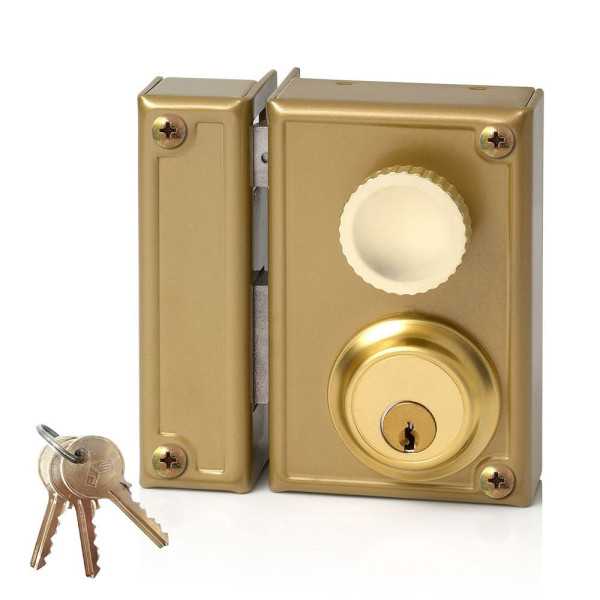 Cerradura, Sobreponer, Modelo 34-7I, Golpe y Llave, con Pomo, Caja 70 mm, Cilindro 52 mm, Mano Izquierda JIS