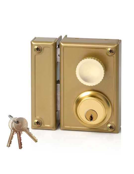Cerradura, Sobreponer, Modelo 34-7I, Golpe y Llave, con Pomo, Caja 70 mm, Cilindro 52 mm, Mano Izquierda JIS