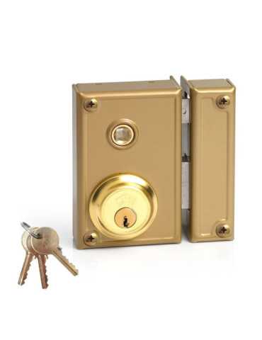 Cerradura, Sobreponer, Modelo 35-7D, Golpe y Llave, con Manilla, Caja 70 mm, Cilindro 52 mm, Mano Derecho JIS