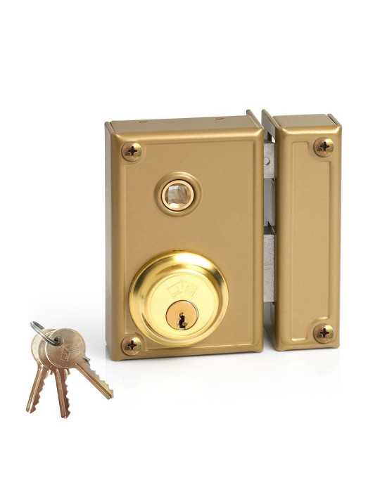 Cerradura, Sobreponer, Modelo 35-7D, Golpe y Llave, con Manilla, Caja 70 mm, Cilindro 52 mm, Mano Derecho JIS