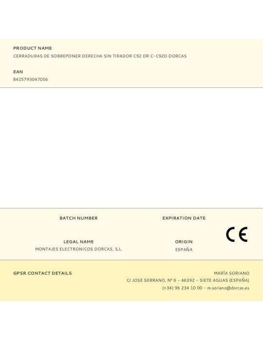 Cerradura, Sobreponer, Modelo C-C92D, sin Tirador, Mano Derecha DORCAS