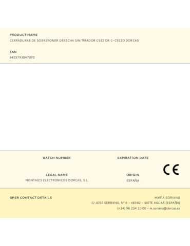 Cerradura, Sobreponer, Modelo C-C922D, sin Tirador, Mano Derecha DORCAS 2