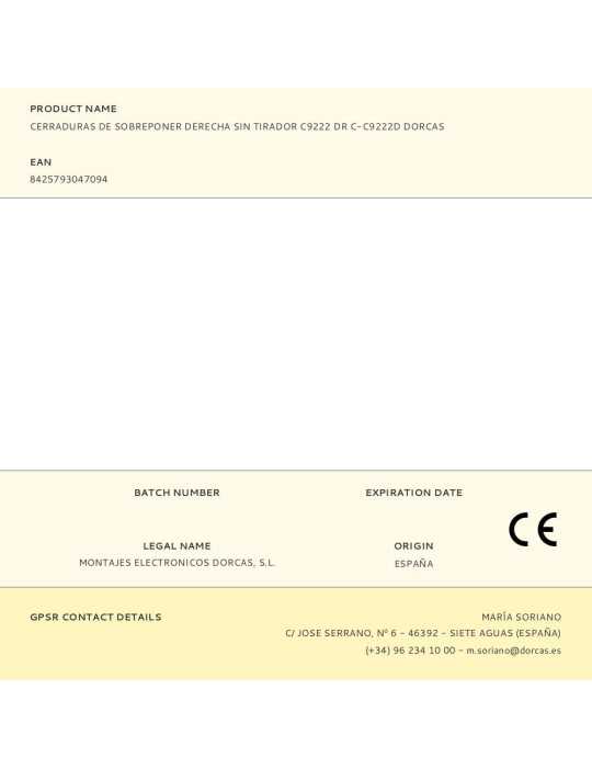 Cerradura, Sobreponer, Modelo C-C9222D, sin Tirador, Mano Derecha DORCAS