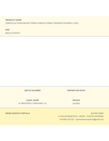 Cerrojo Alta Seguridad 7930R Acabado Hierro Cromado 97930RHC LINCE 2