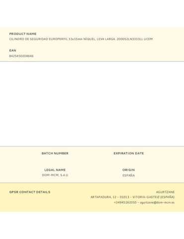 Cilindro de Seguridad Europerfil 33x33mm Níquel, Leva Larga. 2000S2LN3333LL UCEM 2