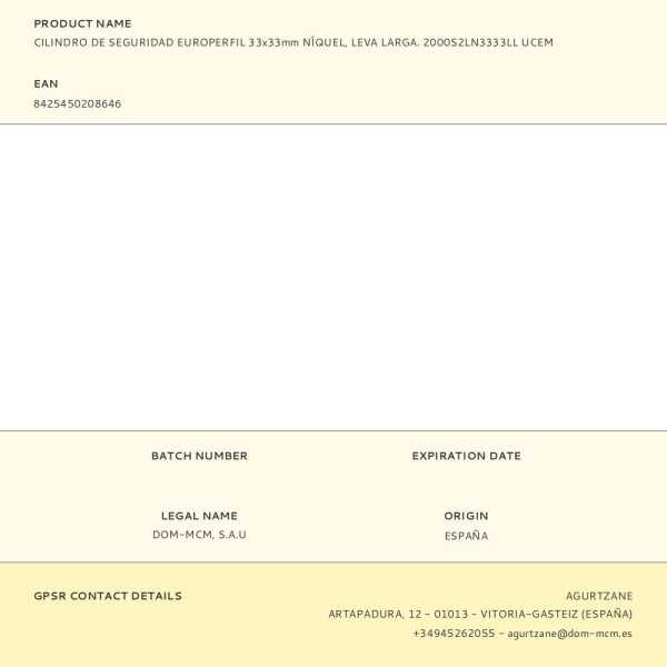 Cilindro de Seguridad Europerfil 33x33mm Níquel, Leva Larga. 2000S2LN3333LL UCEM