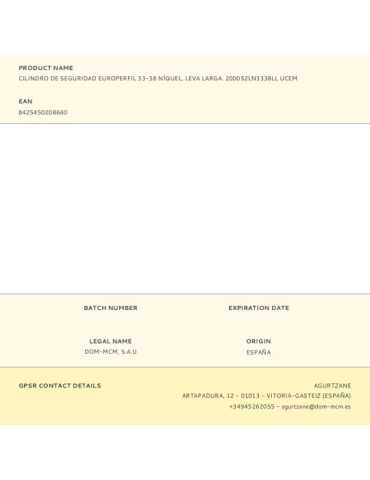 Cilindro de Seguridad Europerfil 33-38 Níquel, Leva Larga. 2000S2LN3338LL UCEM 2