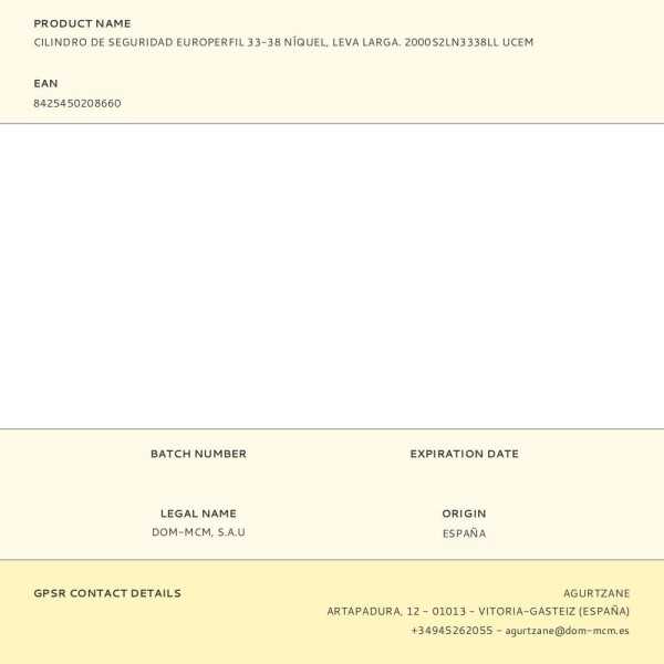 Cilindro de Seguridad Europerfil 33-38 Níquel, Leva Larga. 2000S2LN3338LL UCEM