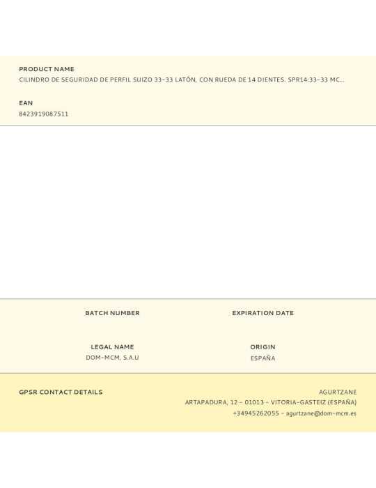 Cilindro de Seguridad de Perfil Suizo 33-33 Latón, con Rueda de 14 Dientes. SPR14:33-33 MCM