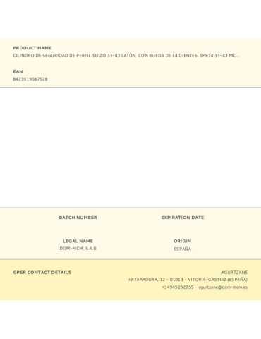 Cilindro de Seguridad de Perfil Suizo 33-43 Latón, con Rueda de 14 Dientes. SPR14:33-43 MCM 2
