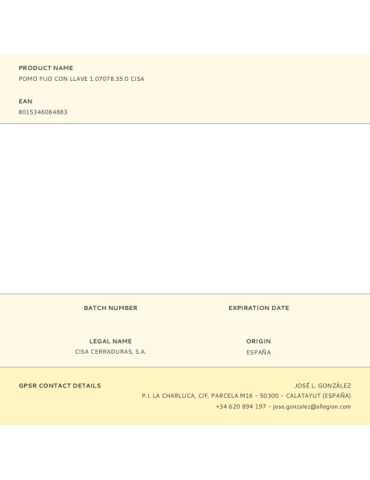 Cerradura con Pomo, Fijo, con Llave, Modelo 1.07078.35.0 CISA 2