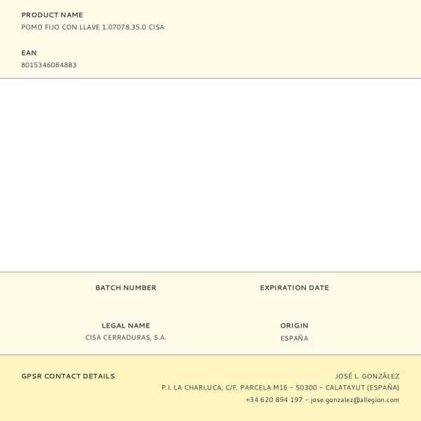 Cerradura con Pomo, Fijo, con Llave, Modelo 1.07078.35.0 CISA