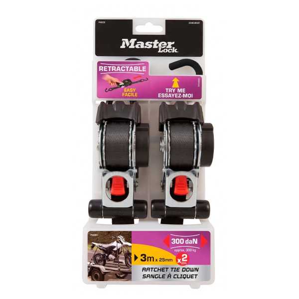 Correas Retráctiles con Trinquete y Ganchos S, 25 mm x 3 m, 2 uds MASTER LOCK