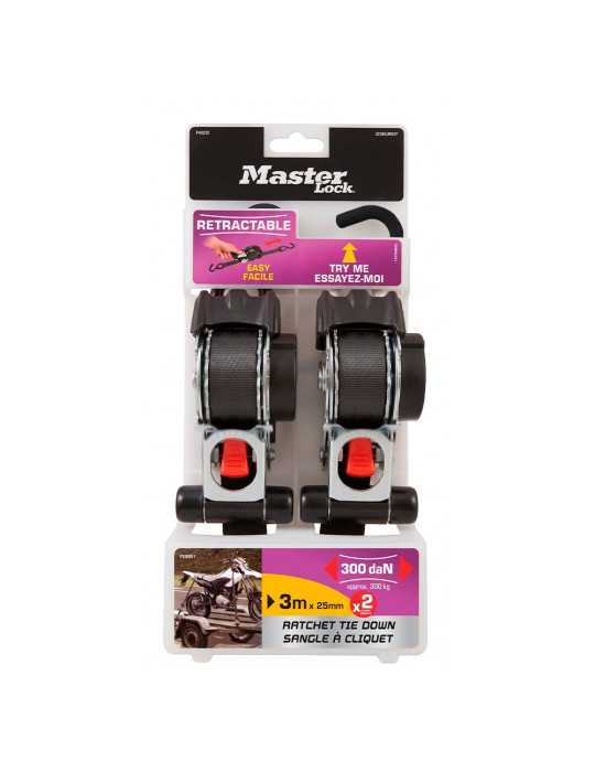 Correas Retráctiles con Trinquete y Ganchos S, 25 mm x 3 m, 2 uds MASTER LOCK