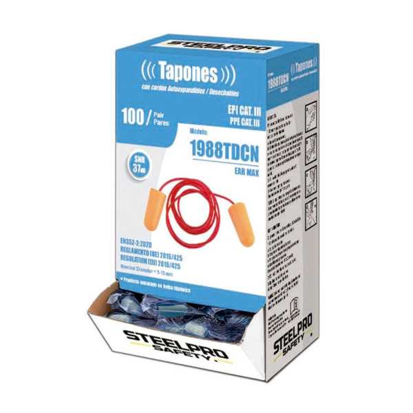 Tapones Auditivos Ear Max Desechables con Cordón, Caja 100 uds STEELPRO