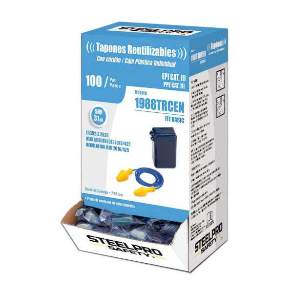 Tapones Auditivos Fit Basic Reutilizables de TPR con Cordón, Caja 100 uds STEELPRO