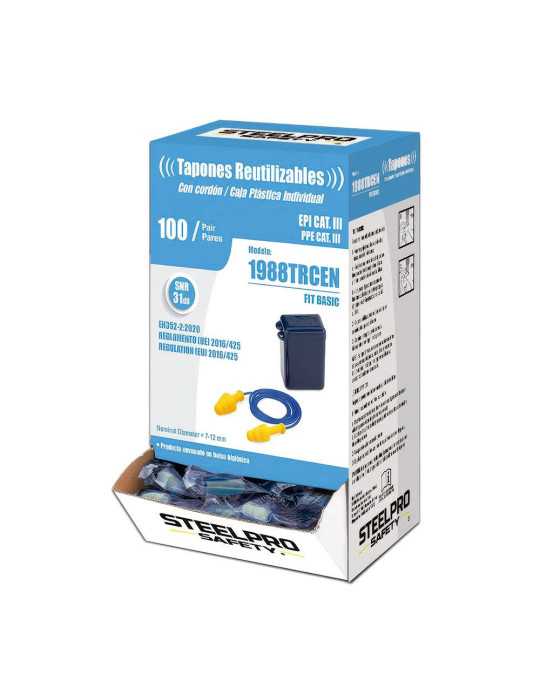 Tapones Auditivos Fit Basic Reutilizables de TPR con Cordón, Caja 100 uds STEELPRO