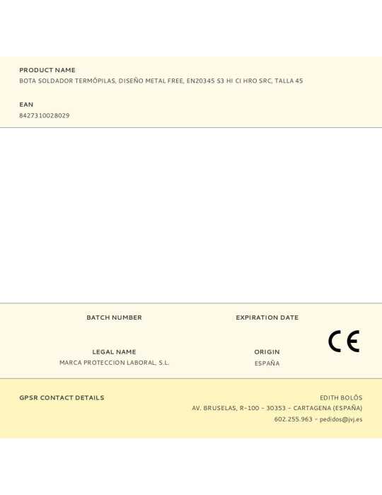 Bota Albañil, Termópilas, Diseño Metal Free, EN20345 S3 Hi Ci Hro SRC, Talla 45 ANIBAL