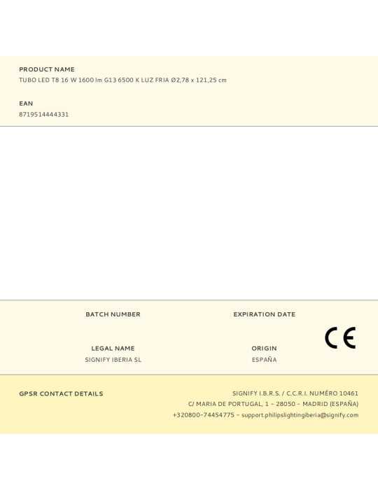 Lote de 4 Unidades Tubo LED T8 16 W 1600 lm G13 6500 K Luz Fria Ø2,78 x 121,25 cm PHILIPS