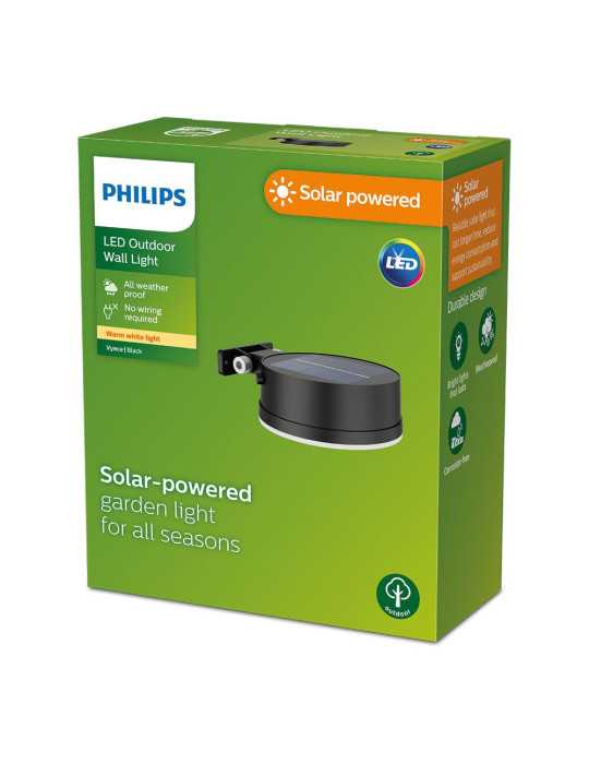 Aplique Solar Redondo, IP 44 1,5W, 200Im 2700K, Luz Cálida, Medidas: 11,2x4,6x14,1cm. PHILIPS