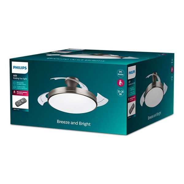 Ventilador de Techo de LED Modelo Atlas. Color Nikel. Potencia: 28 + 35 W Aspas: Ø 106 cm con Mando A Distancia PHILIPS