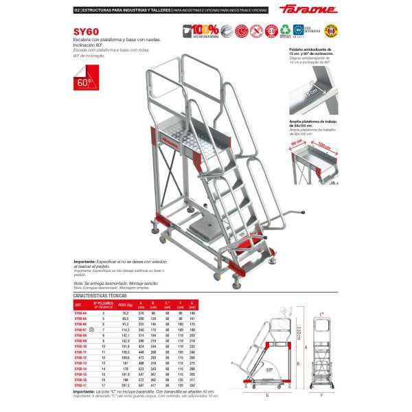 Escalera de aluminio con plataforma y cuatro ruedas Inclinación de 60 Altura hasta la plataforma 4,17 m SY60-17 FARAONE