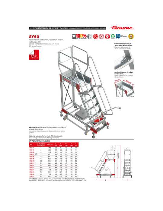 Escalera de aluminio con plataforma y cuatro ruedas Inclinación de 60 Altura hasta la plataforma 4,17 m SY60-17 FARAONE