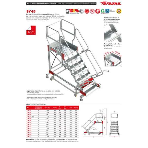 Escalera con plataforma y cuatro ruedas Inclinación de 45 Altura hasta la plataforma 2,13 m SY45-10 FARAONE