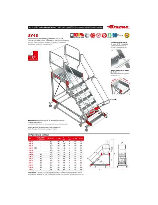 Escalera con plataforma y cuatro ruedas Inclinación de 45 Altura hasta la plataforma 2,55 m SY45-12 FARAONE