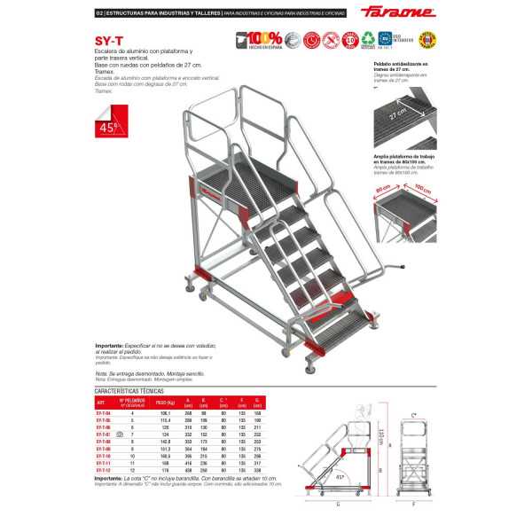 Escalera con plataforma y cuatro ruedas TRAMEX Altura hasta la plataforma 1,73 m SY-T-08 FARAONE