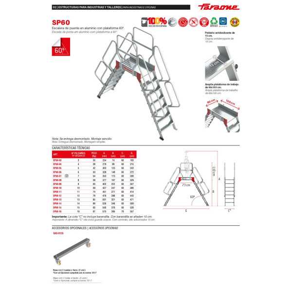 Escalera puente de aluminio con plataforma Inclinación 60 Altura hasta la plataforma 99 cm SP60-04 FARAONE