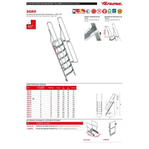 Escalera de aluminio fija para entreplantas y altillos Inclinación 60 Altura de desembarco 74 cm SG60-03 FARAONE