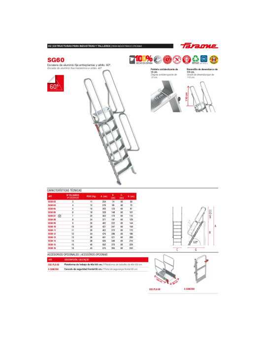 Escalera de aluminio fija para entreplantas y altillos Inclinación 60 Altura de desembarco 1,48 m SG60-06 FARAONE