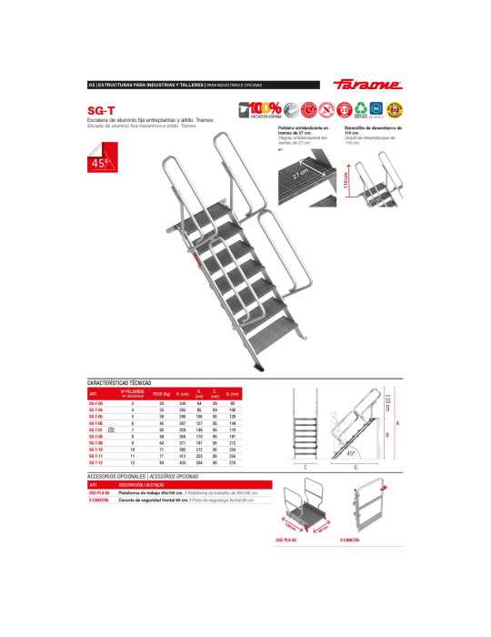Escalera para entreplantas y altillos Tramex Inclinación 45 Altura de desembarco 1,06 m SG-T-05 FARAONE