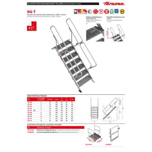 Escalera para entreplantas y altillos Tramex Inclinación 45 Altura de desembarco 1,27 m SG-T-06 FARAONE