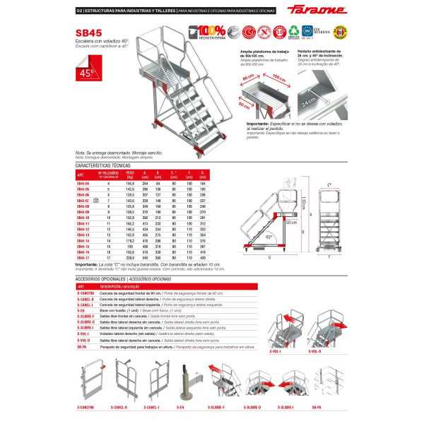 Escalera de aluminio con plataforma y vuelo Inclinación de 45 Altura hasta la plataforma 1,90 m SB45-09 FARAONE