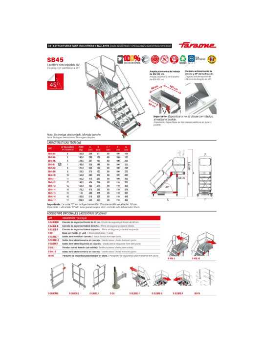 Escalera de aluminio con plataforma y vuelo Inclinación de 45 Altura hasta la plataforma 2,12 m SB45-10 FARAONE