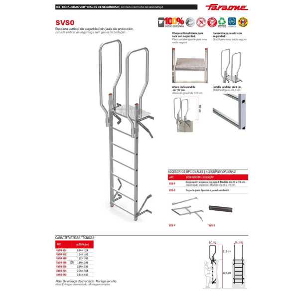 Escalera vertical de seguridad sin jaula de protección Altura variable según pared 1,52 a 1,80 m SVS0-180 FARAONE