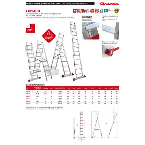 Escalera multiuso de 2 tramos con peldaños cómodos Peldaños 14-15 EN1415 FARAONE