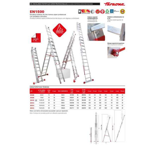 Escalera multiuso de 3 tramos con peldaños cómodos Peldaños 7-8-8 EN1508 FARAONE