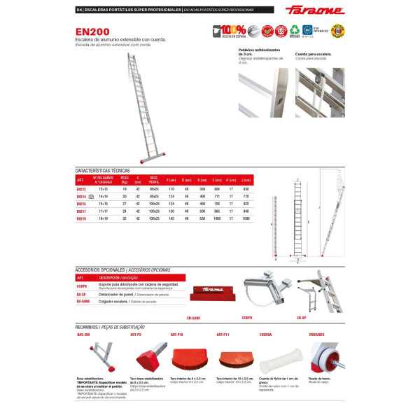 Escalera de aluminio extensible con cuerda Peldaños 15-15 EN215 FARAONE