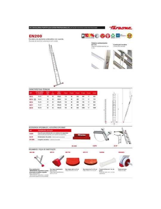 Escalera de aluminio extensible con cuerda Peldaños 19-19 EN219 FARAONE