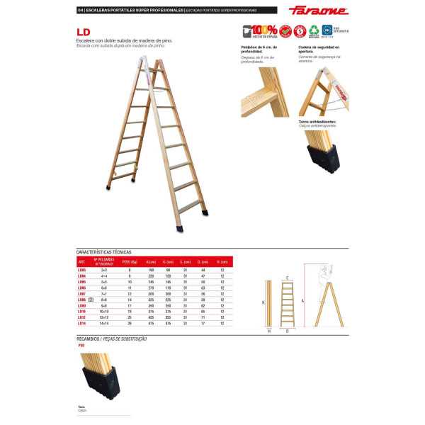 Escalera doble subida de madera Peldaños 9-9 LD09 FARAONE