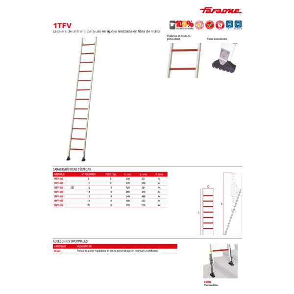 Escalera de un tramo para uso en apoyo de fibra de fibra Longitud de la escalera 410 cm 1TFV-400 FARAONE