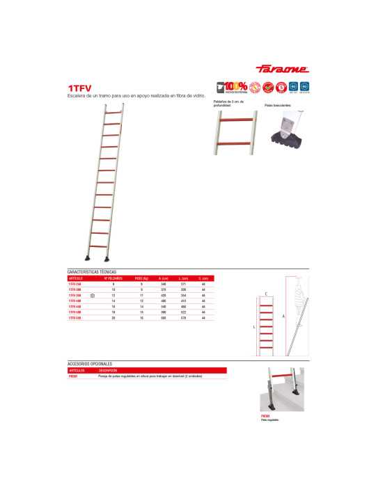 Escalera de un tramo para uso en apoyo de fibra de fibra Longitud de la escalera 466 cm 1TFV-450 FARAONE
