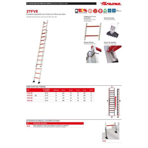 Escalera extensible de 2 tramos de fibra de vidrio Peldaños 10-10 2TFVE-300 FARAONE